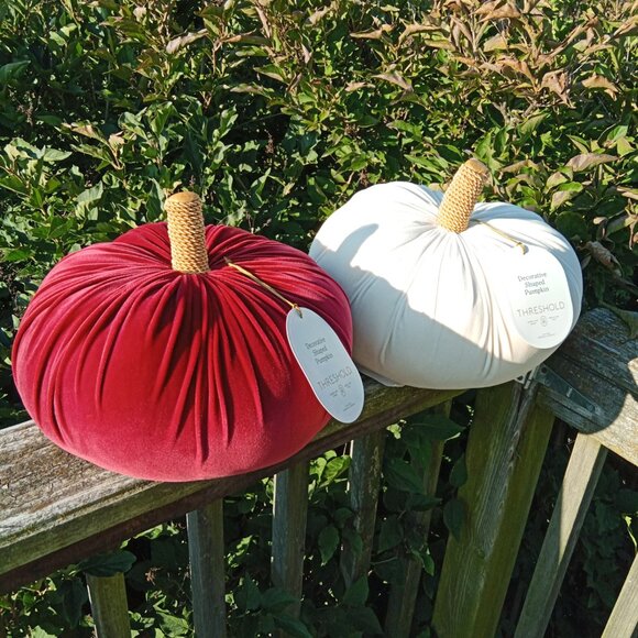 Big Fall Decor Pumpkins Cranberry and White /Cream Velvet Halloween - Picture 1 of 7